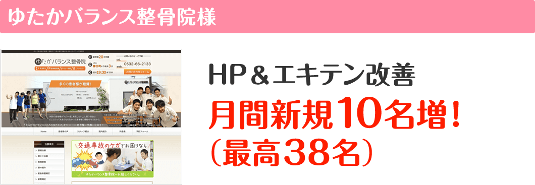 ゆたかバランス整骨院様 HP＆エキテン改善月間新規10名増！（最高38名）